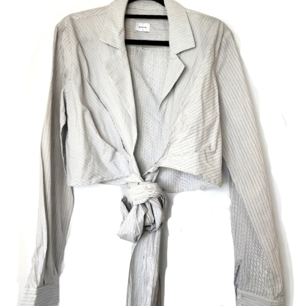 Sheike top pin striped long sleeve notch collar wrap shirt - size 10 - Picture 1 of 10